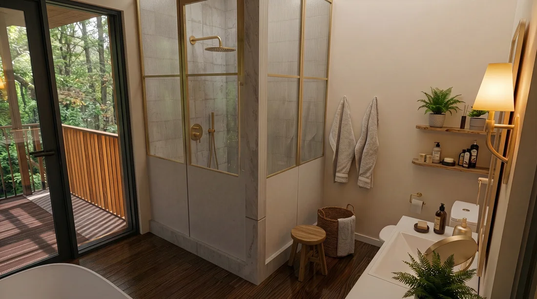 Artist's render of a treehouse bathroom: a glazed walk-in shower, twin vanity and the edge of a freestanding bath