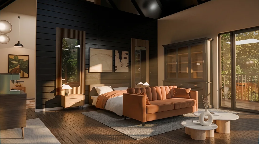 Artist's render looking down into a treehouse bedroom with a bed, a velvet sofa and tall mirrors