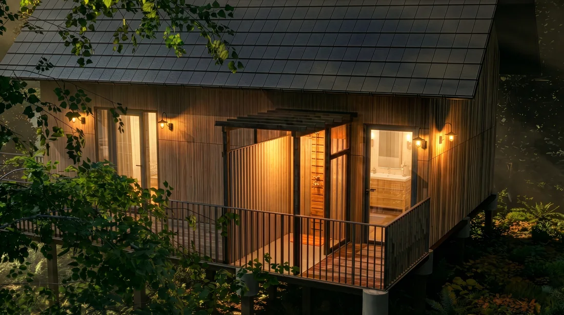 Artist's render of a slatted outdoor shower lit on a treehouse deck at night
