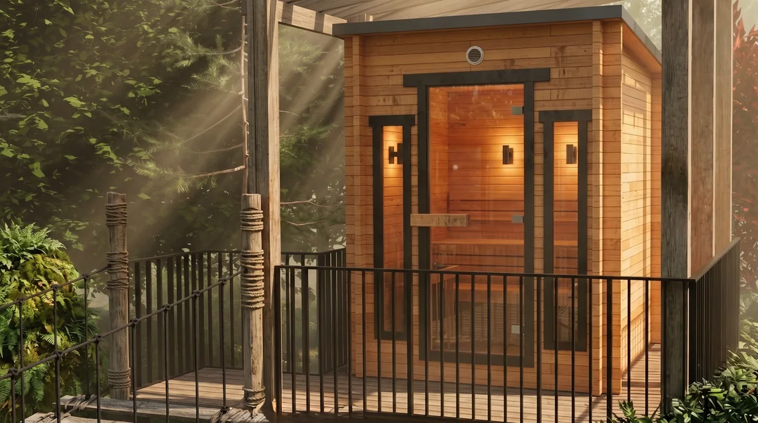 Artist's render of the standalone cedar sauna cabin on its deck, reached by a walkway