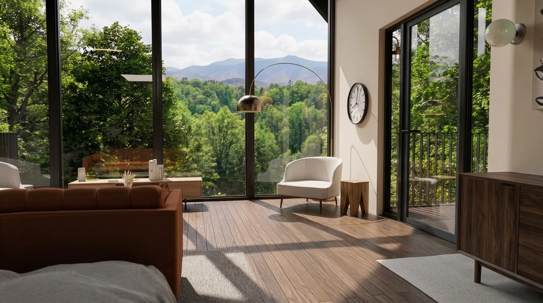 Artist's render of a treehouse interior with an armchair beside tall glazing onto a mountain ridge