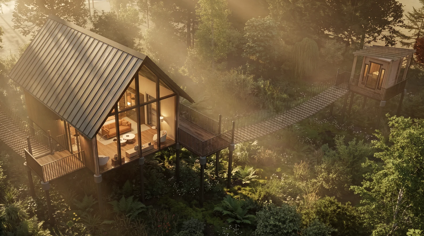 Artist's render of The Canopy: a treehouse and a smaller sauna cabin set in forest, joined by a suspension bridge