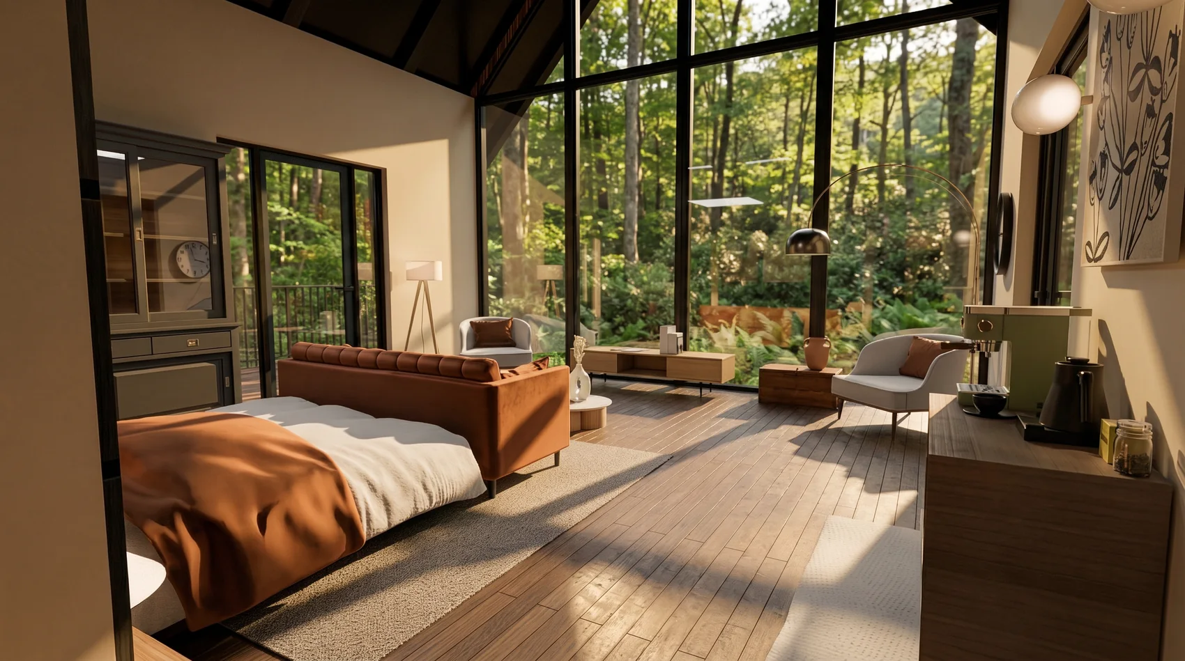 Artist's render of an open-plan treehouse interior, bed and sofa against a wall of glass onto forest