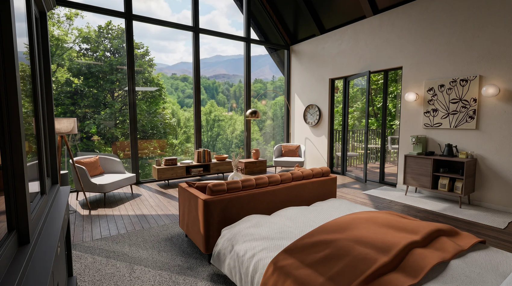 Artist's render of a treehouse interior looking out through tall glass to a distant mountain ridge