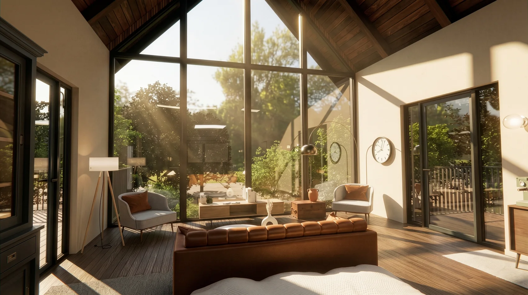Artist's render of a treehouse interior: a double height wall of glass onto forest, a bed and a sofa, no screens anywhere