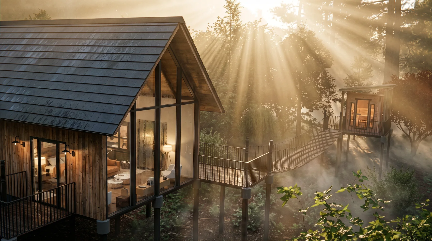 Artist's render of a treehouse and its elevated walkway running to a second lit cabin among trees