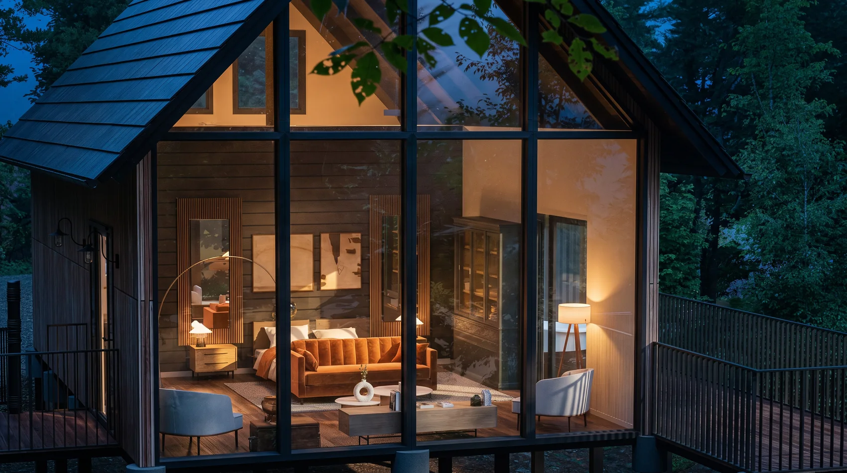 Artist's render of a treehouse at dusk, its glazed gable lit warm from within